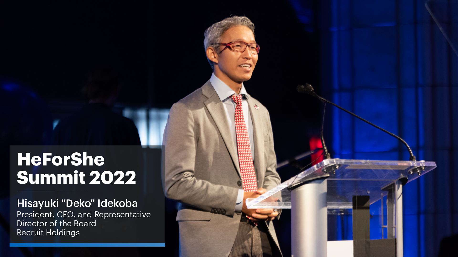 A thumbnail of Recruit Holdings CEO Hisayuki “Deko” Idekoba’s speech at the HeForShe Summit 2022. Click to play.